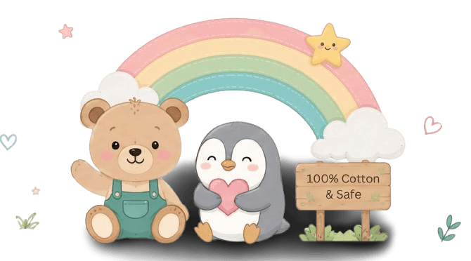100% Organic & Safe Baby Essentials - Teddy Bear and Penguin under Rainbow